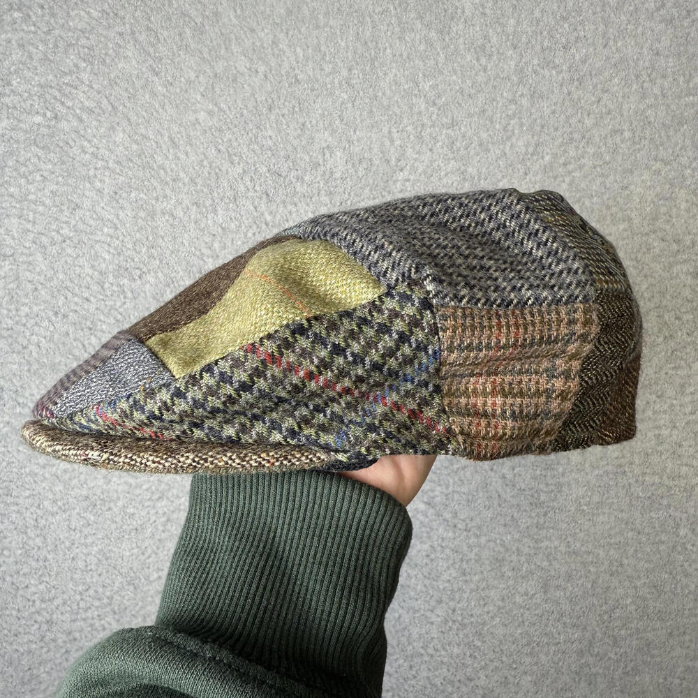 Orvis Men's Wool Blend Patchwork Brown Checked Herringbone Lined Cabbie Newsboy - Picture 2 of 9